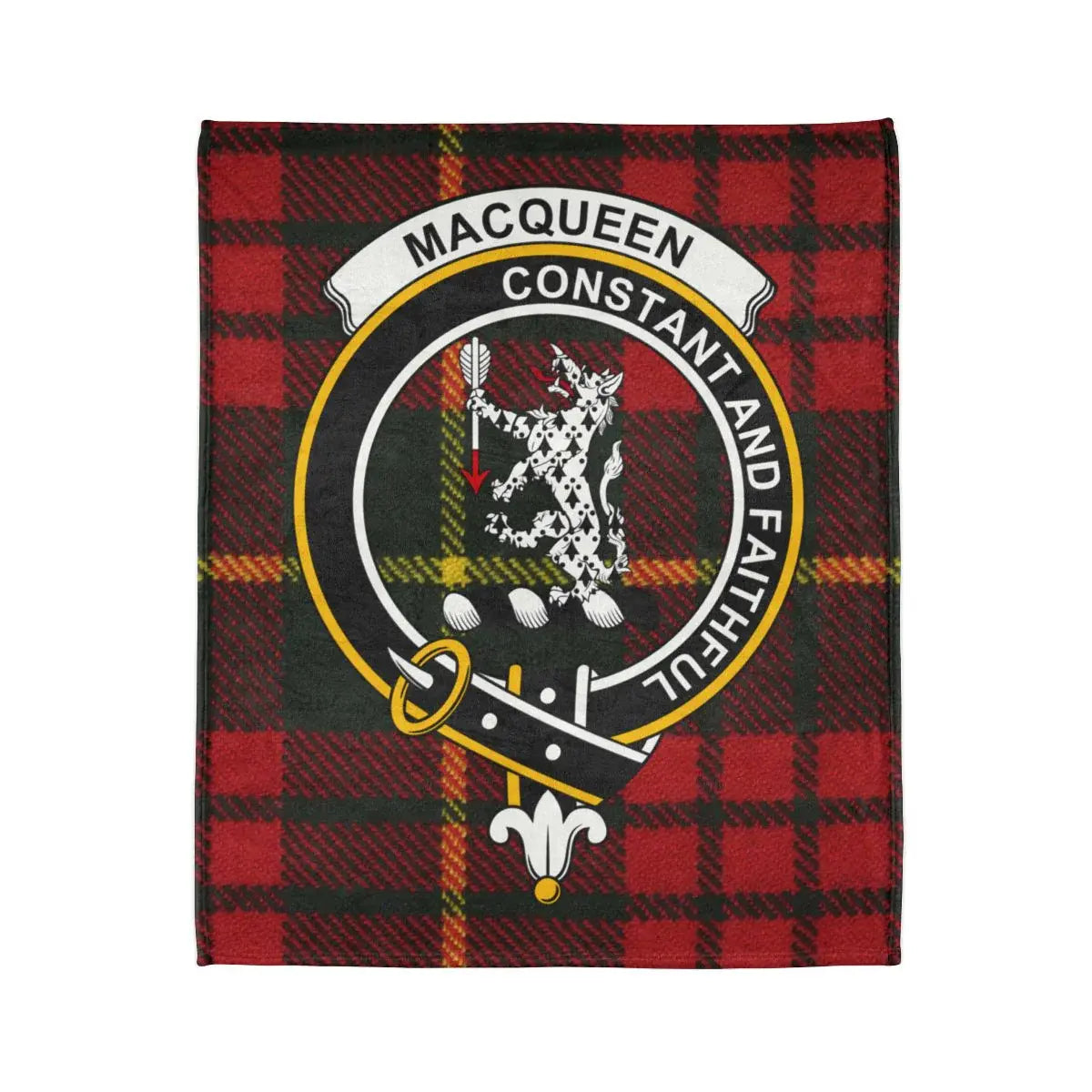 Clan MacQueen Constant and Faithful tartan blanket — full view showing crest print and white reverse