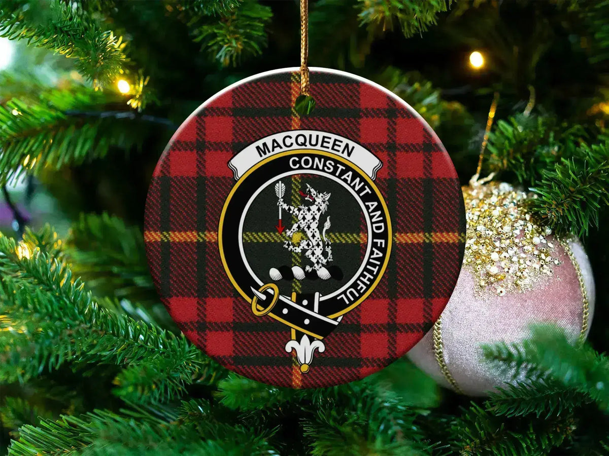 Clan MacQueen tartan crest ceramic ornament — round 3-inch double-sided with Constant and Faithful motto