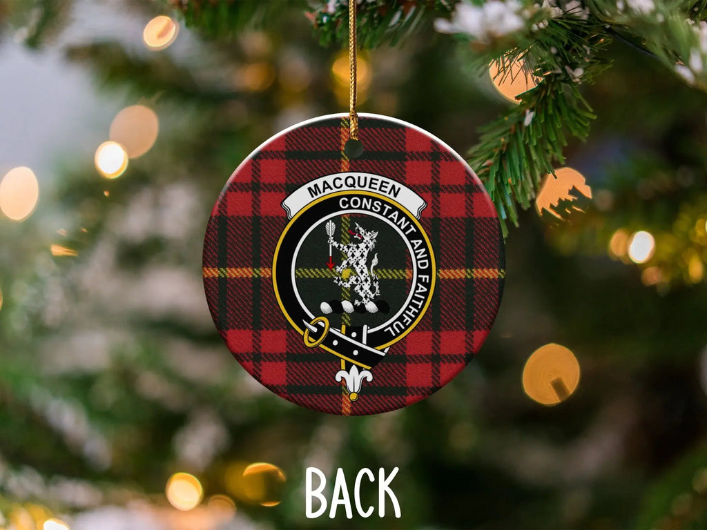 MacQueen Scottish clan crest ornament — ceramic with gold hanging string, tartan holiday decoration