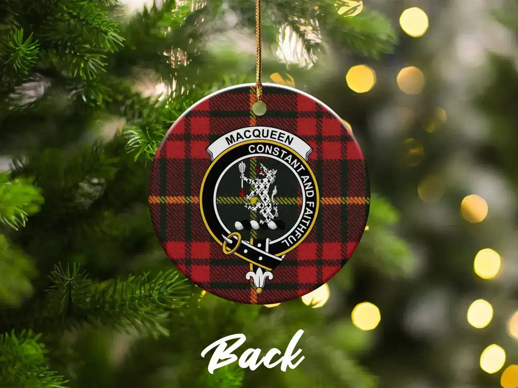 MacQueen Constant and Faithful Christmas ornament — double-sided ceramic round with clan crest print