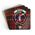 Clan MacRae Fortitudine tartan crest cork coaster set — four 3.75-inch square glossy coasters