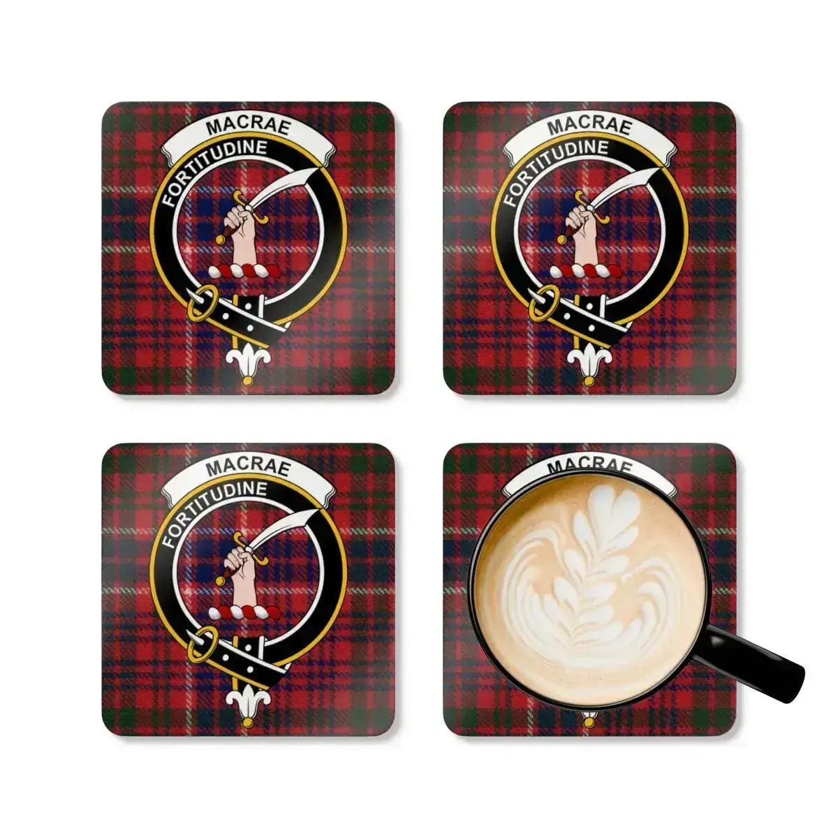 MacRae clan crest coasters in use — glossy tartan print with natural cork base