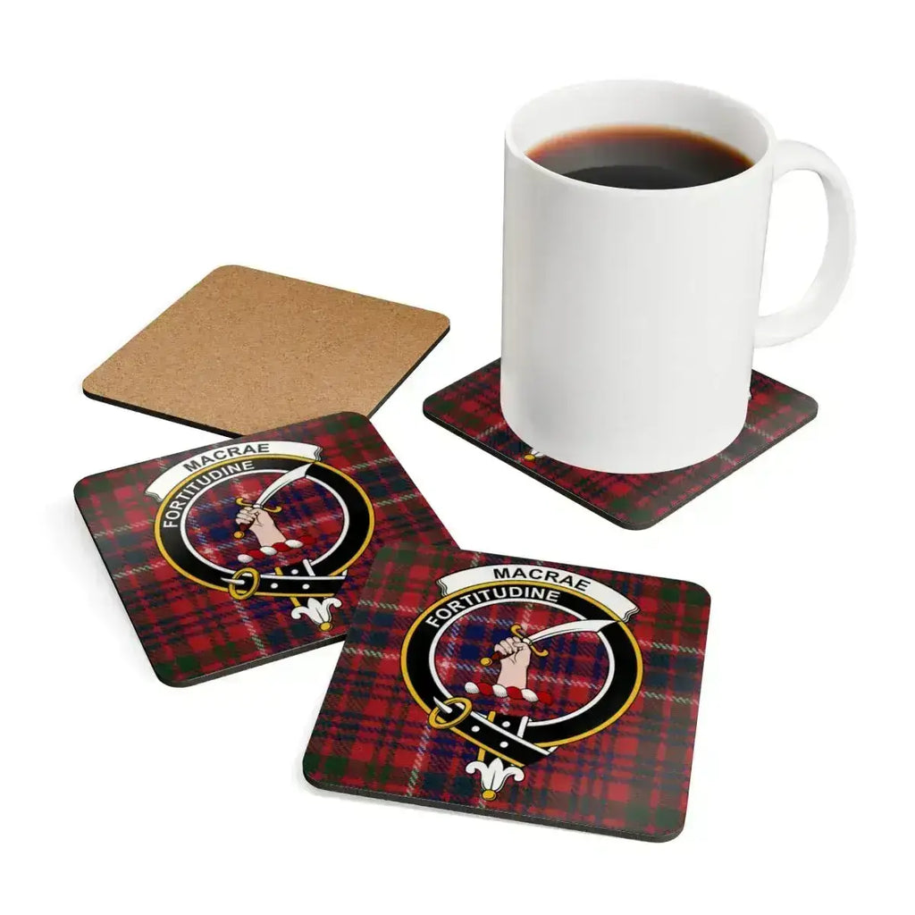 MacRae tartan coasters stacked — Fortitudine clan crest on square cork coasters