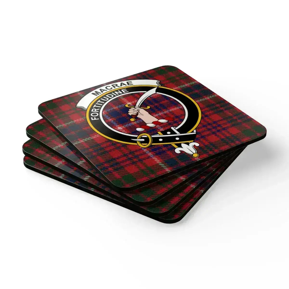 MacRae clan crest coasters displayed flat — full set of four showing tartan pattern