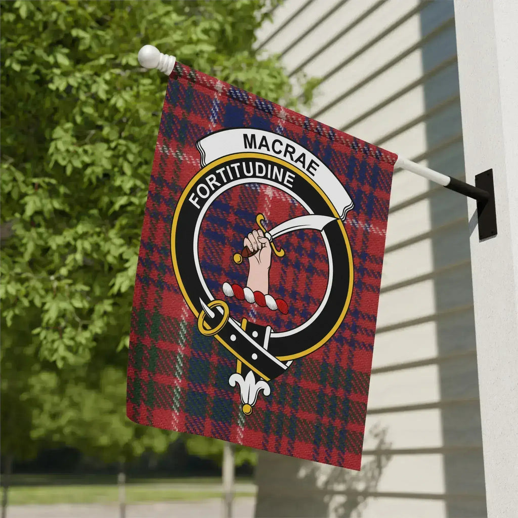 Clan MacRae tartan garden flag displayed outdoors — 12x18 inch poly poplin-canvas with clan crest