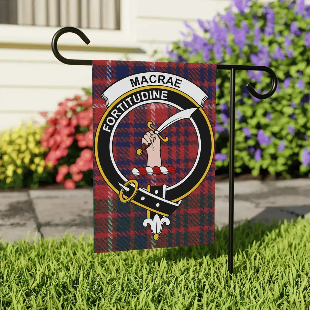 MacRae clan crest garden flag on standard pole — 24.5x32 inch with Fortitudine tartan design