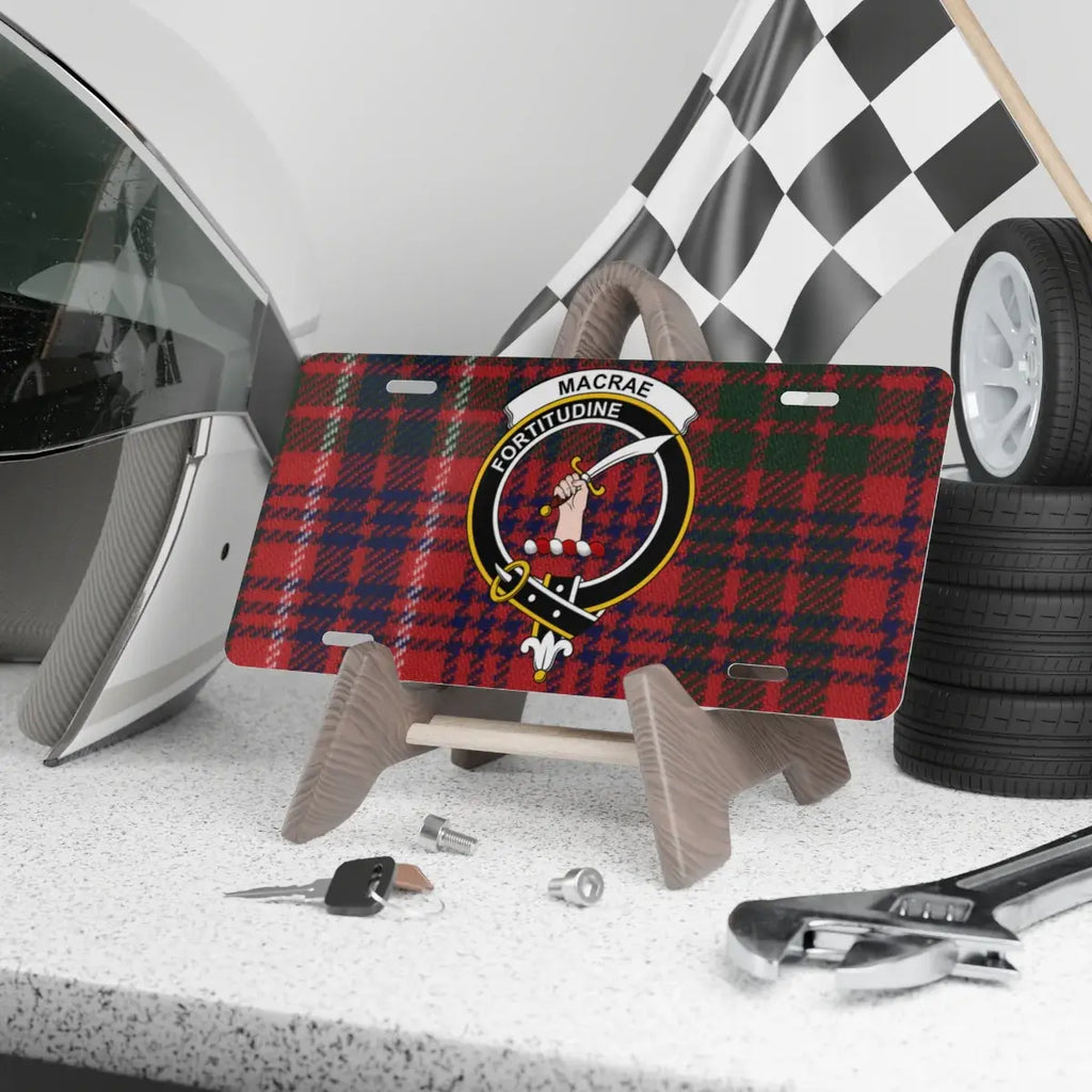 Clan MacRae Fortitudine tartan crest novelty license plate — 12x6 inch aluminium with printed clan design