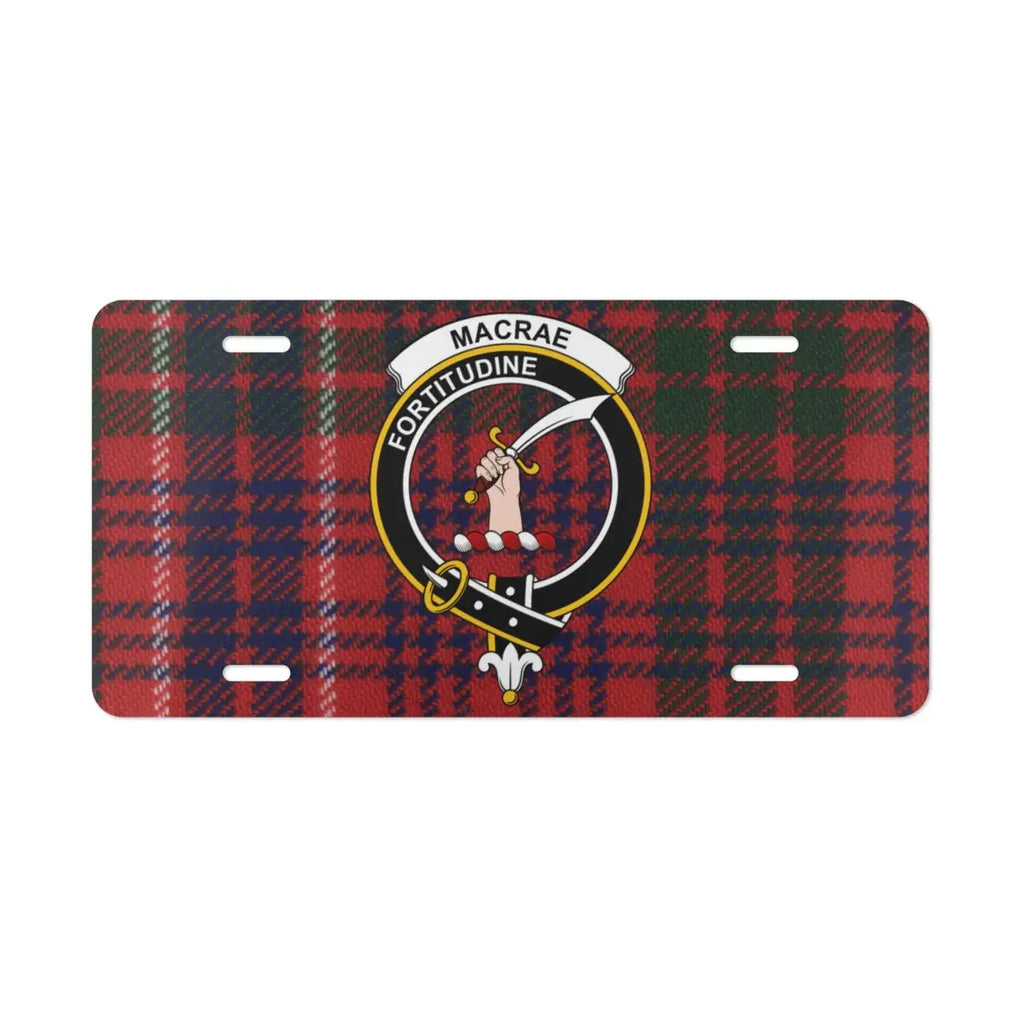 MacRae clan crest and Fortitudine tartan license plate front view — pre-drilled aluminium novelty plate