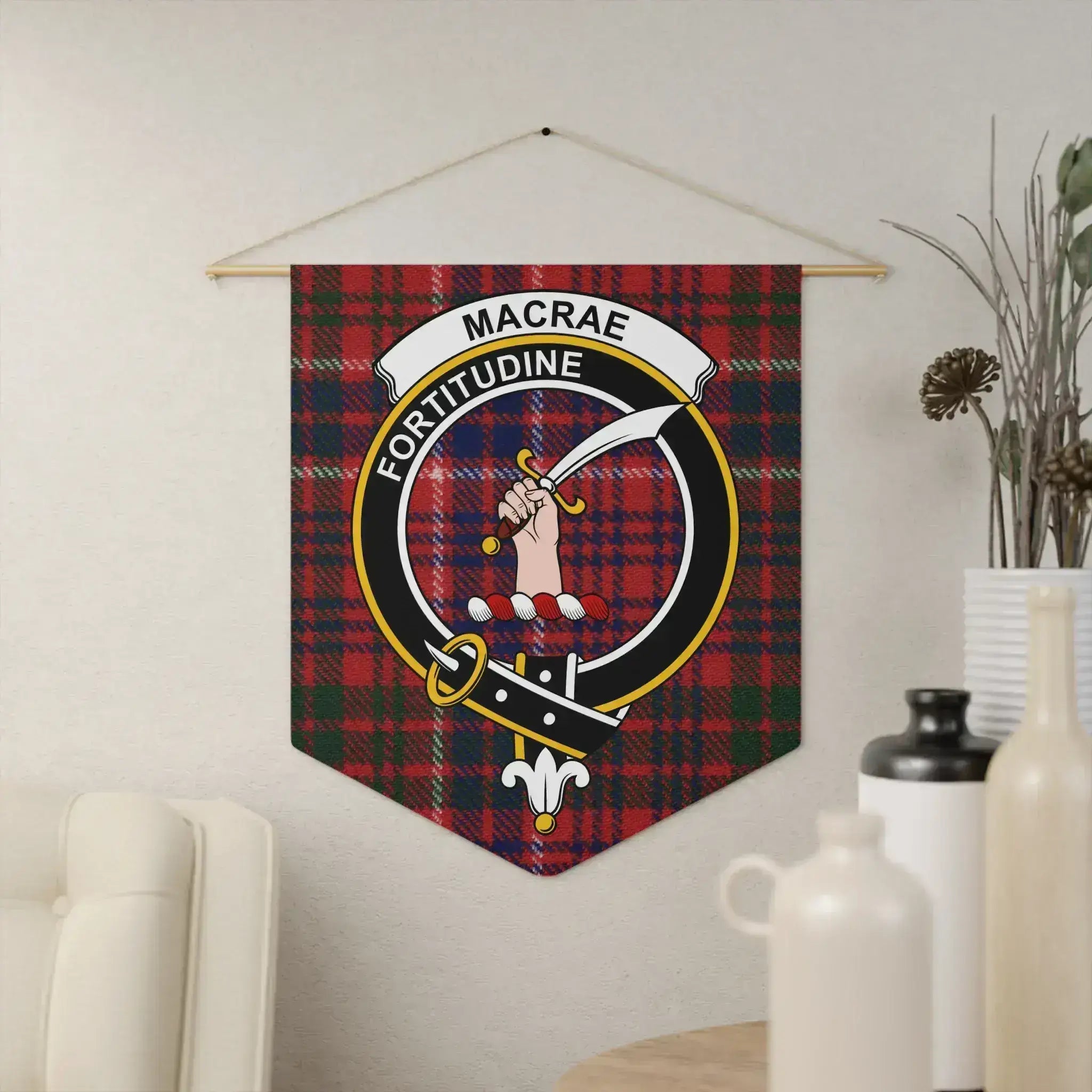 Clan MacRae Fortitudine tartan pennant hung on wall — 18x21 inch polyester twill with wooden dowel