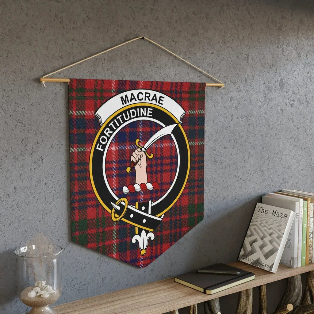 MacRae clan crest tartan pennant showing Fortitudine motto — laser-cut edge and clan colours