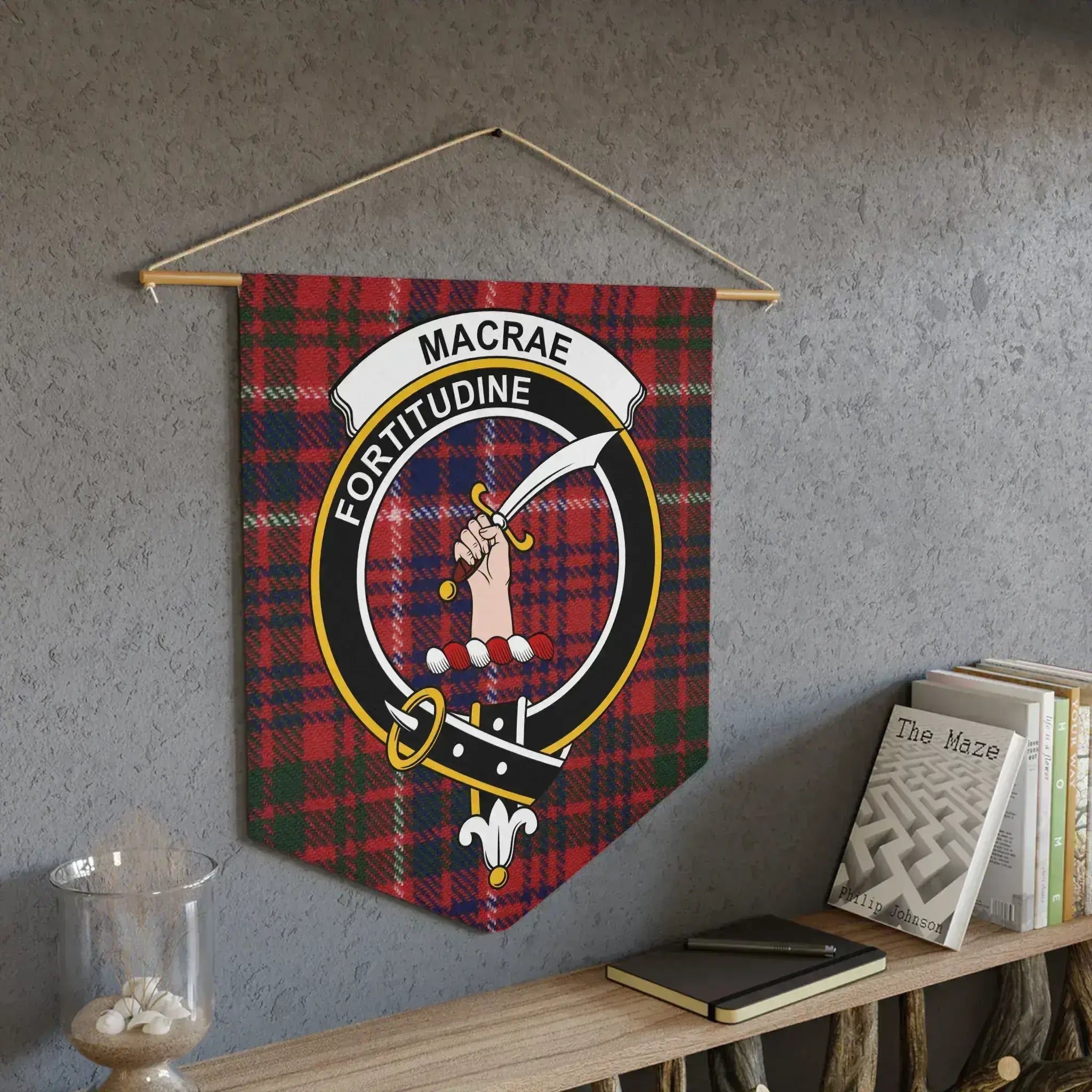 MacRae clan crest tartan pennant showing Fortitudine motto — laser-cut edge and clan colours