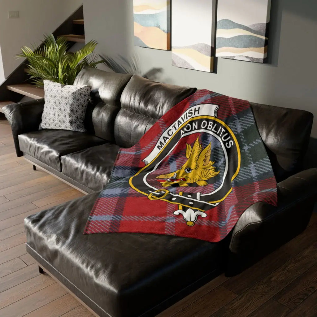 Clan MacTavish Non Oblitus tartan throw blanket — 50"×60" printed polyester with boar crest design