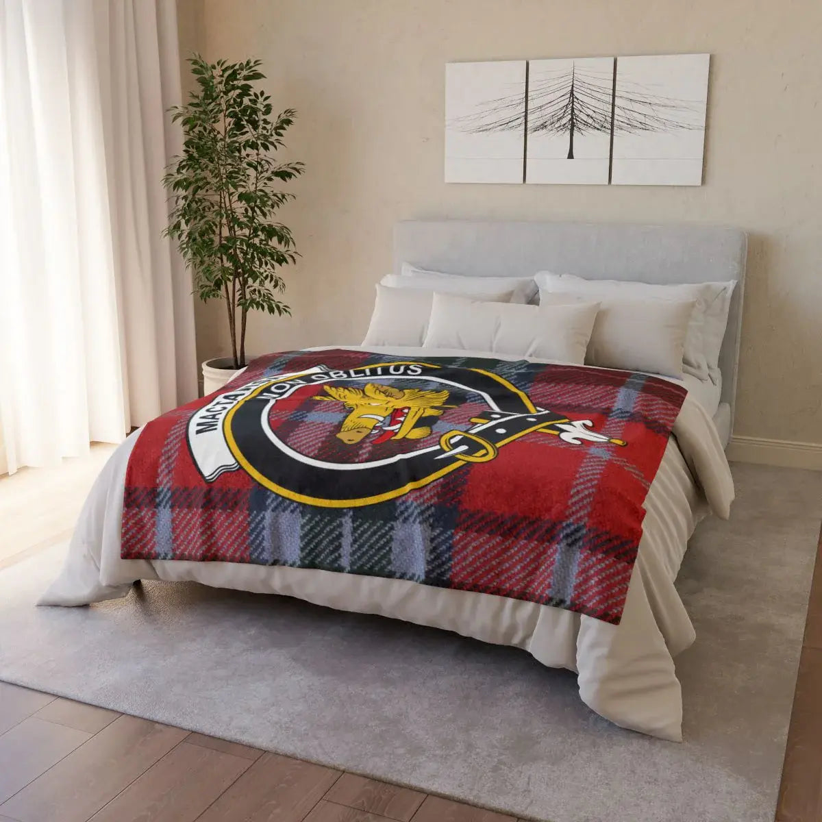 MacTavish clan crest tartan throw — full-colour boar crest and plaid on soft lightweight polyester