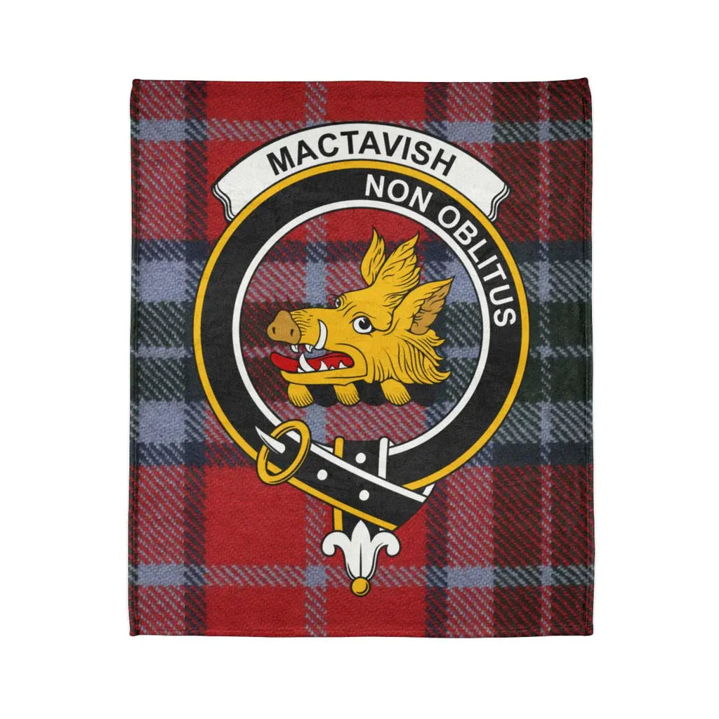 Clan MacTavish tartan blanket with crest — full view showing Non Oblitus boar design and white reverse