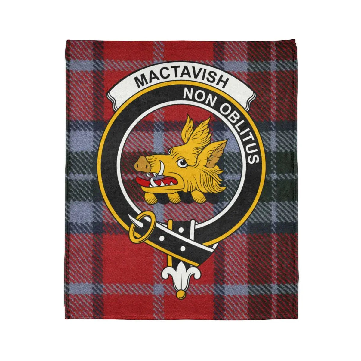 Clan MacTavish tartan blanket with crest — full view showing Non Oblitus boar design and white reverse