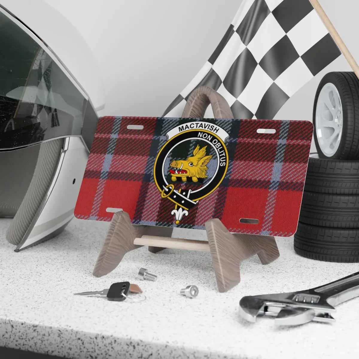 Clan MacTavish tartan novelty license plate — aluminium 12"×6" with Non Oblitus boar crest print