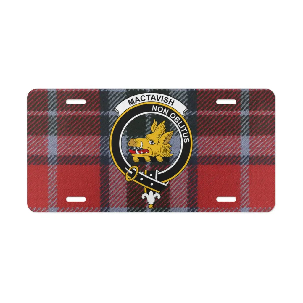Clan MacTavish Non Oblitus tartan license plate — full-colour boar crest and plaid on white aluminium
