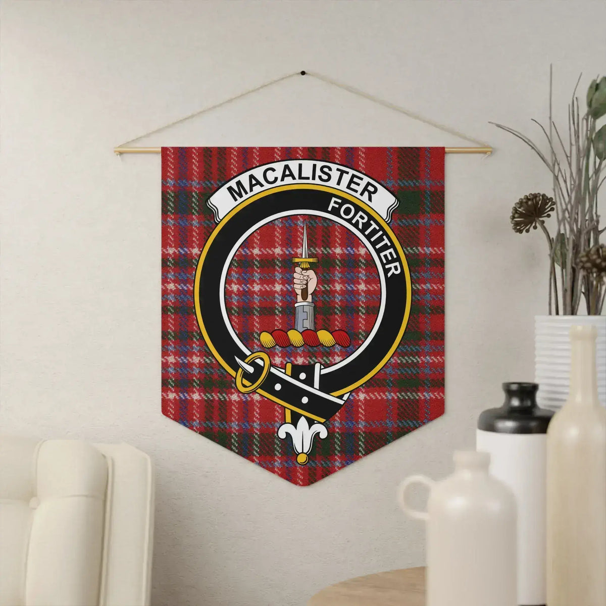 MacAlister Fortiter crest plaid wall art pennant — 18x21 polyester twill with hand and dagger design, wooden dowel