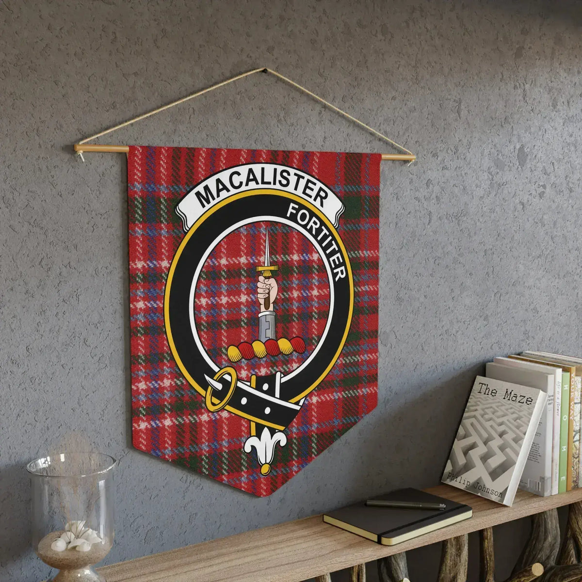 MacAlister clan family crest red tartan wall hanging — 18x21 Fortiter heraldic design