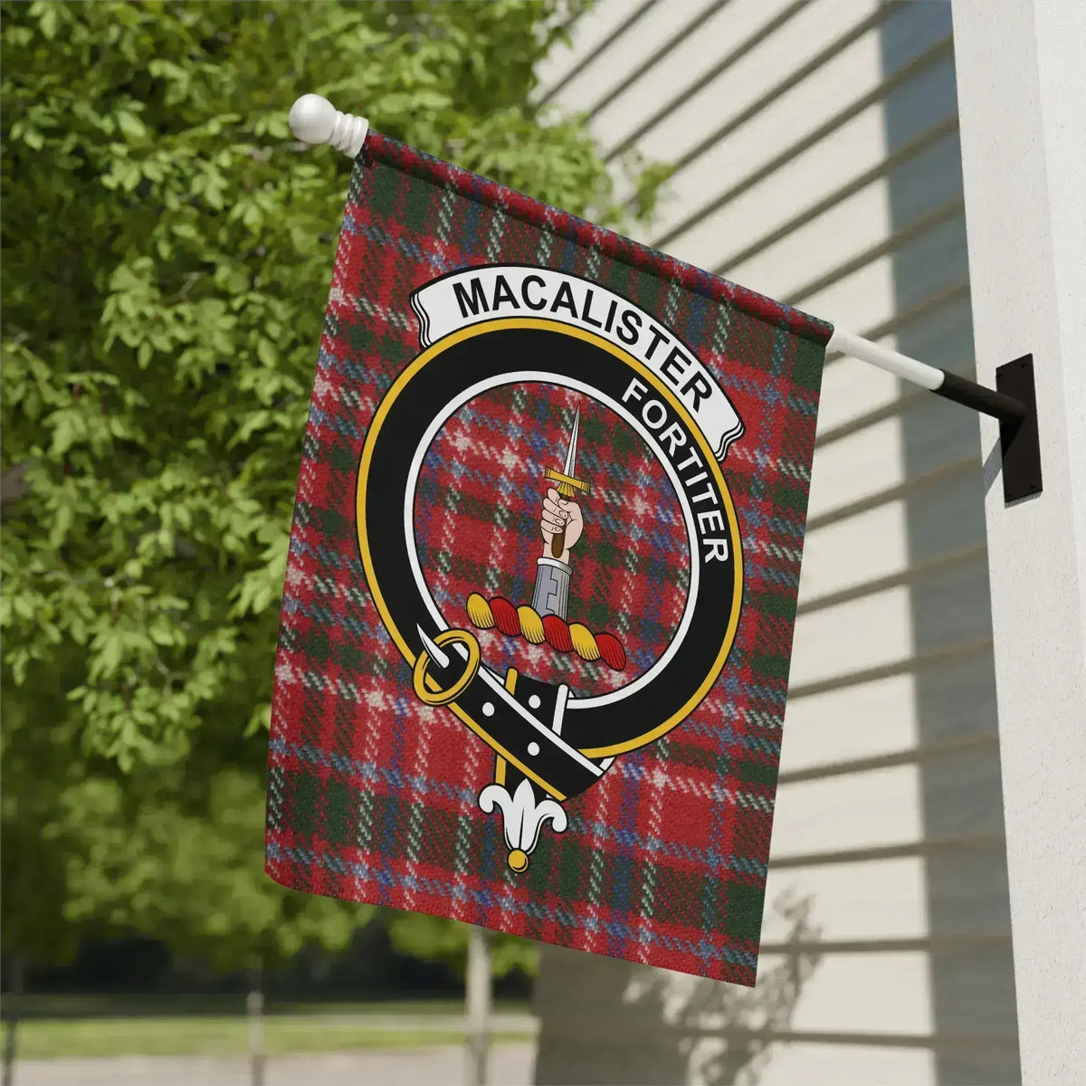 MacAlister Fortiter plaid clan crest garden flag 12x18 inches — poly poplin-canvas outdoor display