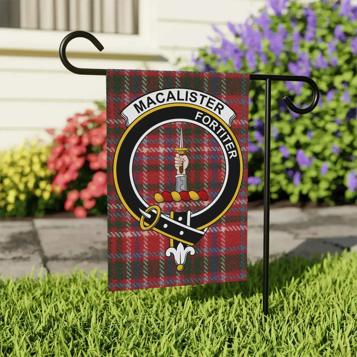 MacAlister Fortiter red tartan garden flag 24x32 inches — clan crest on larger outdoor size