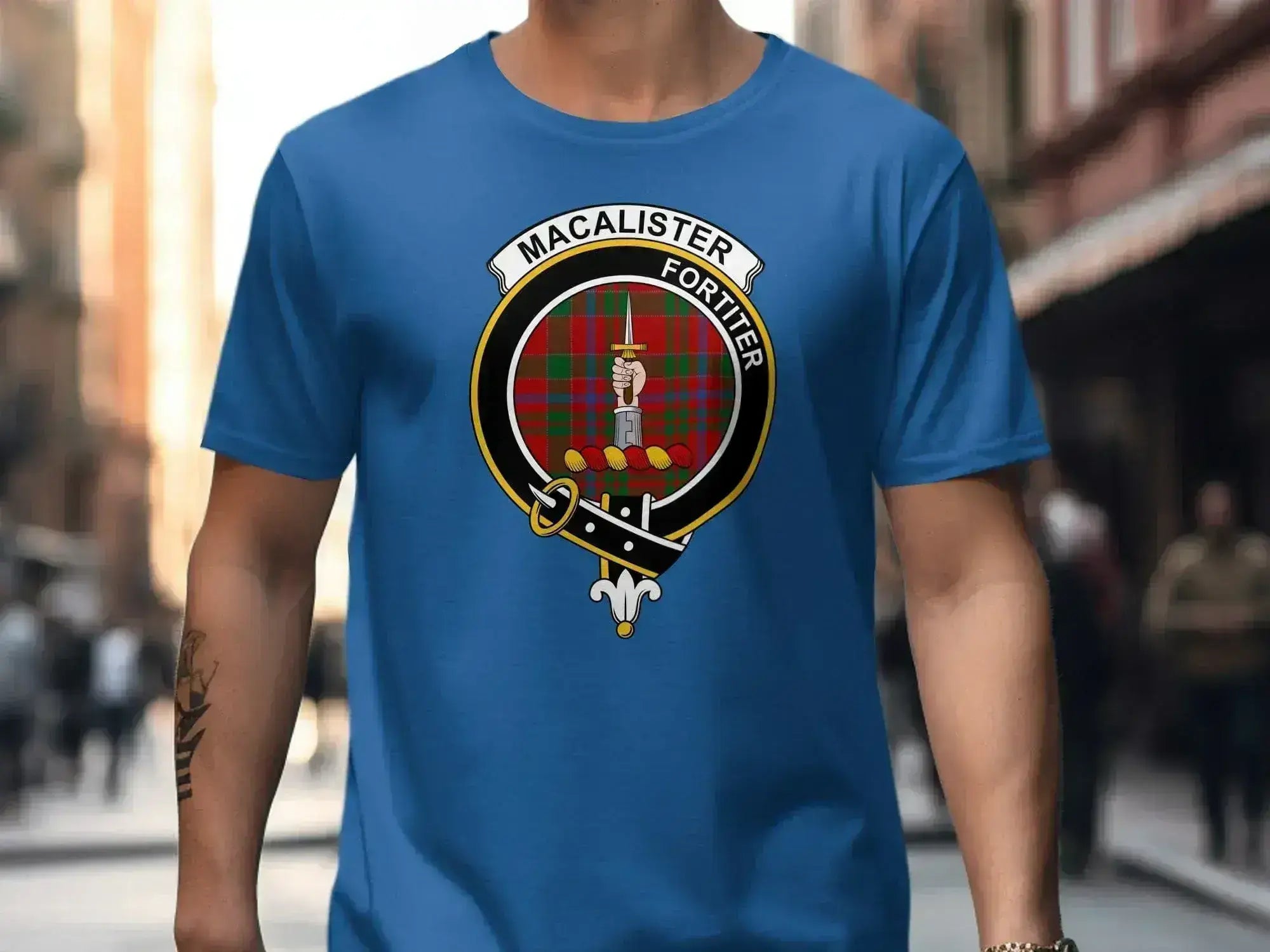 MacAlister Fortiter crest design t-shirt — clan heraldic design on softstyle cotton