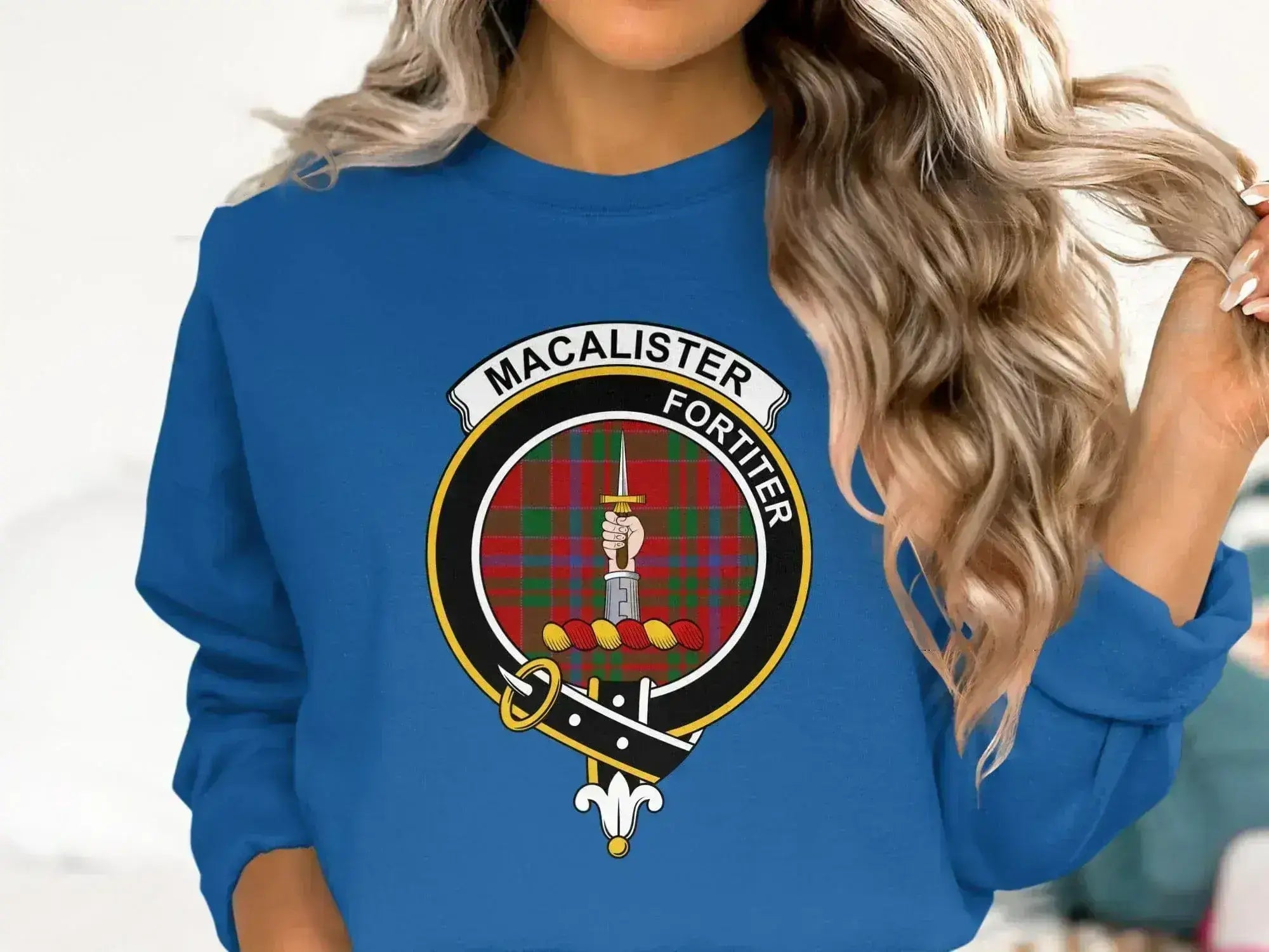 MacAlister Fortiter crest design sweatshirt — clan design on fleece fabric