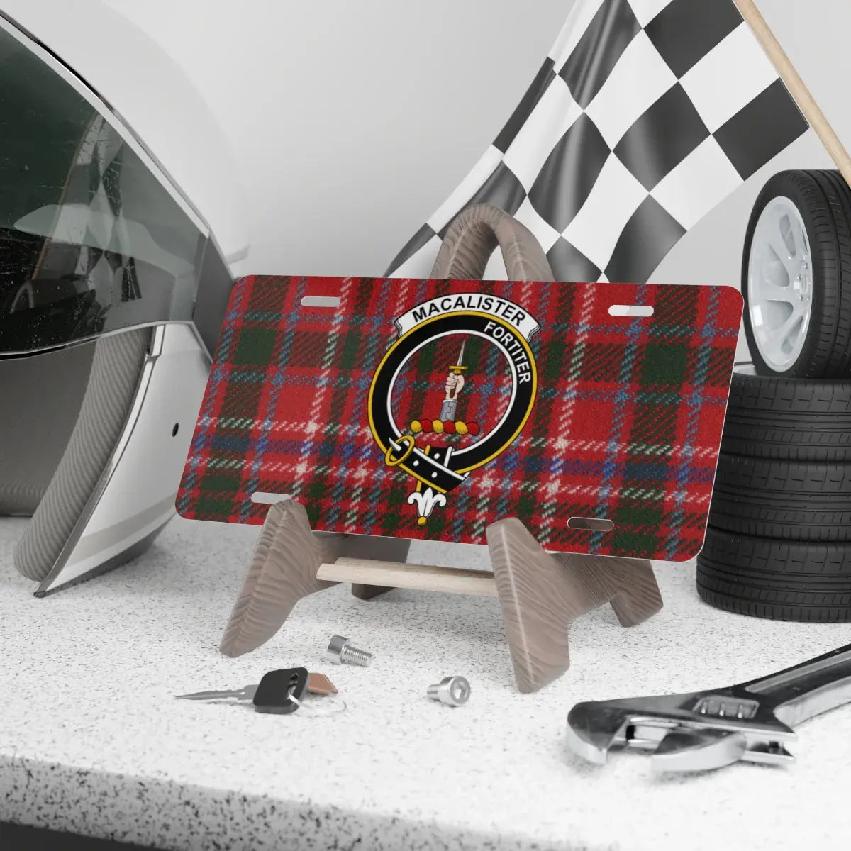 MacAlister Fortiter plaid clan crest novelty license plate — 12x6 aluminium with heraldic design