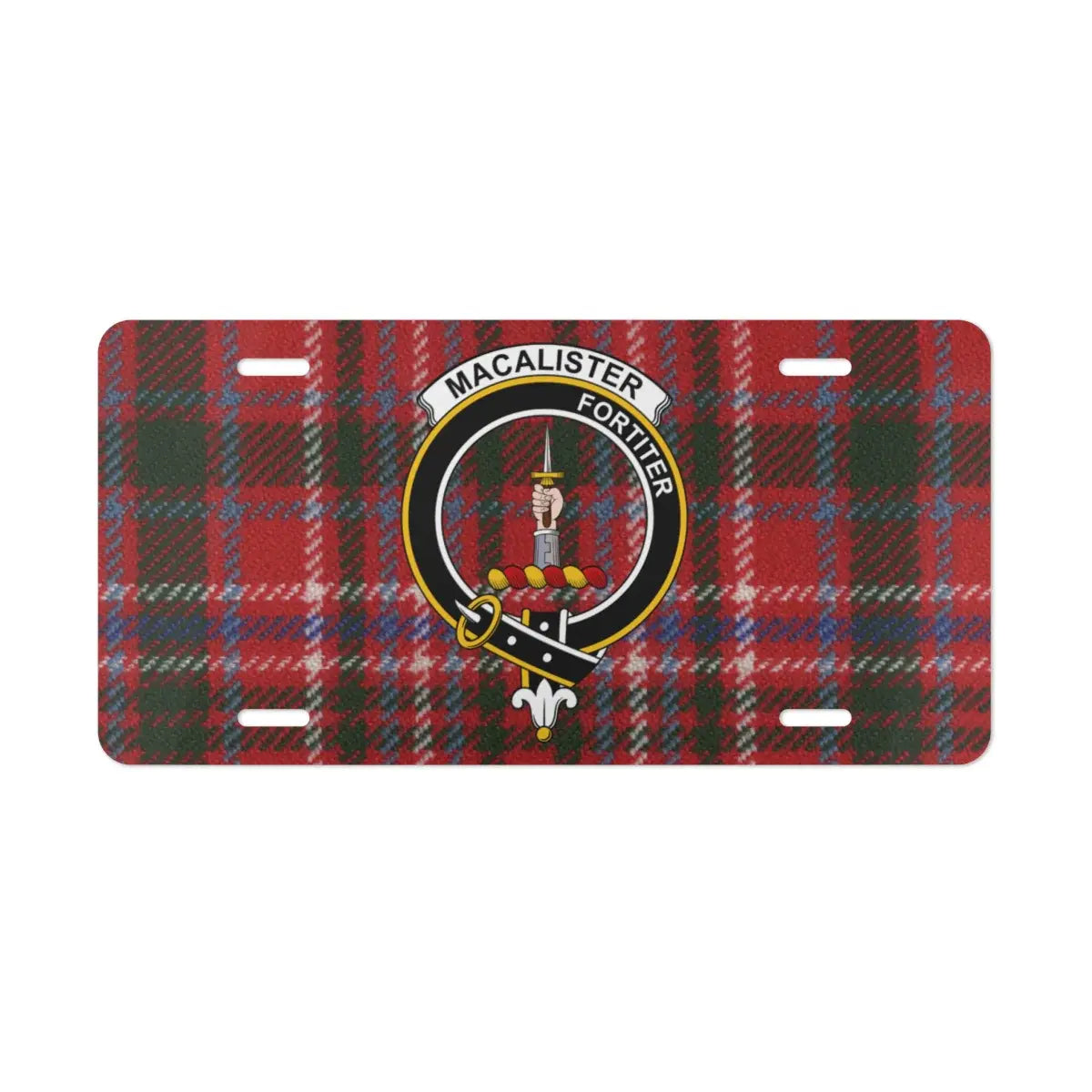 MacAlister Fortiter tartan car license plate — clan crest hand and dagger design on aluminium