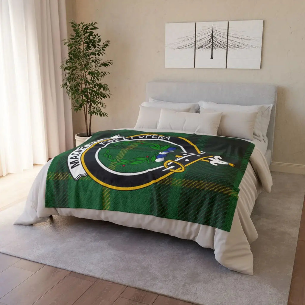 MacArthur clan crest throw blanket — soft printed polyester with clan tartan