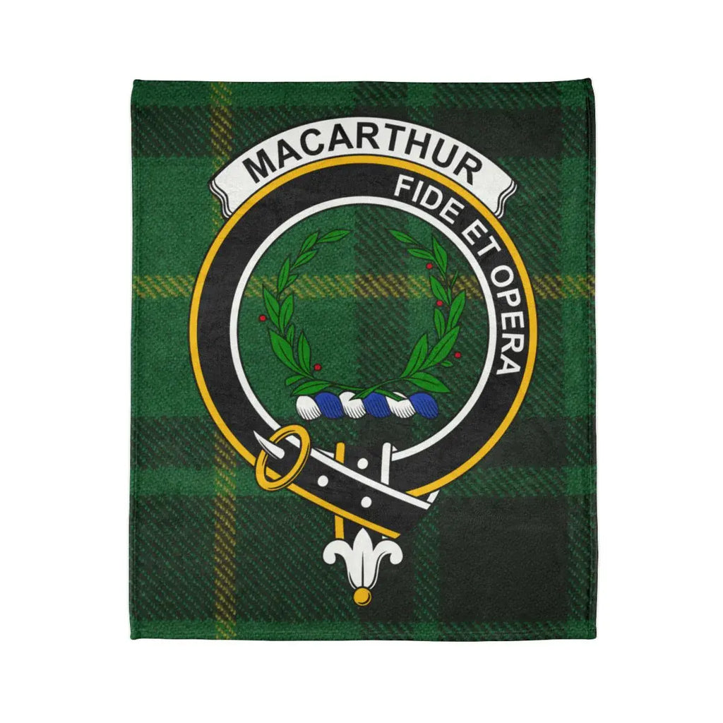 MacArthur clan crest and tartan throw blanket — full design on printed polyester