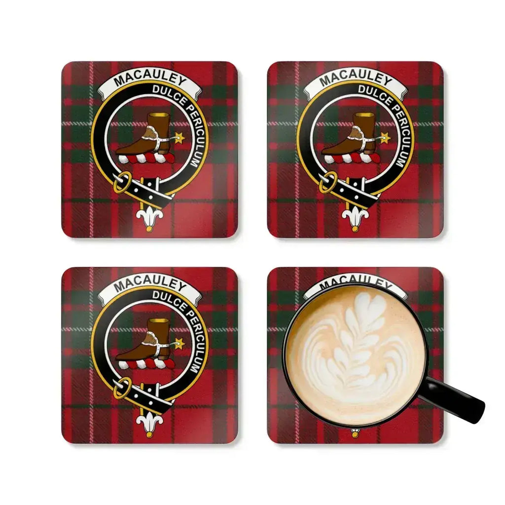 Clan MacAulay Dulce Periculum coaster — glossy full colour crest print on square cork base