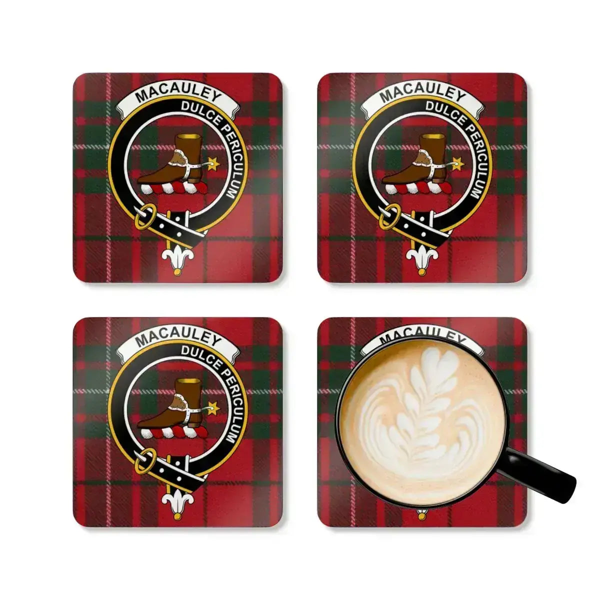 Clan MacAulay Dulce Periculum coaster — glossy full colour crest print on square cork base