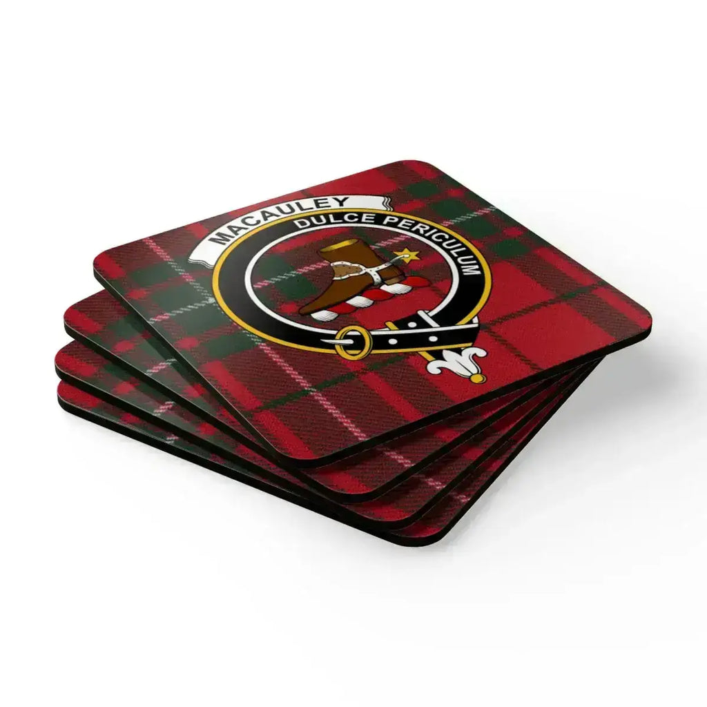 Clan MacAulay Dulce Periculum tartan coaster — 3.75 inch square with glossy print and cork grip