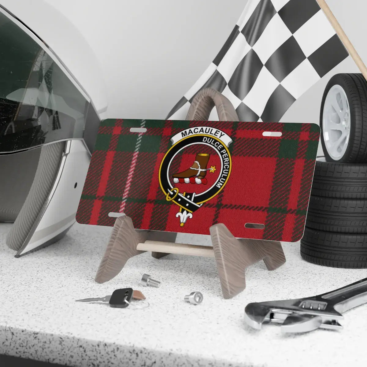 Clan MacAulay tartan crest novelty license plate — Dulce Periculum design, 12x6 inch aluminium
