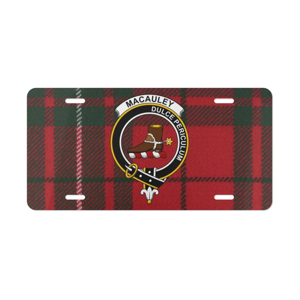 Clan MacAulay tartan crest novelty plate — standard 12x6 inch size shown on vehicle display