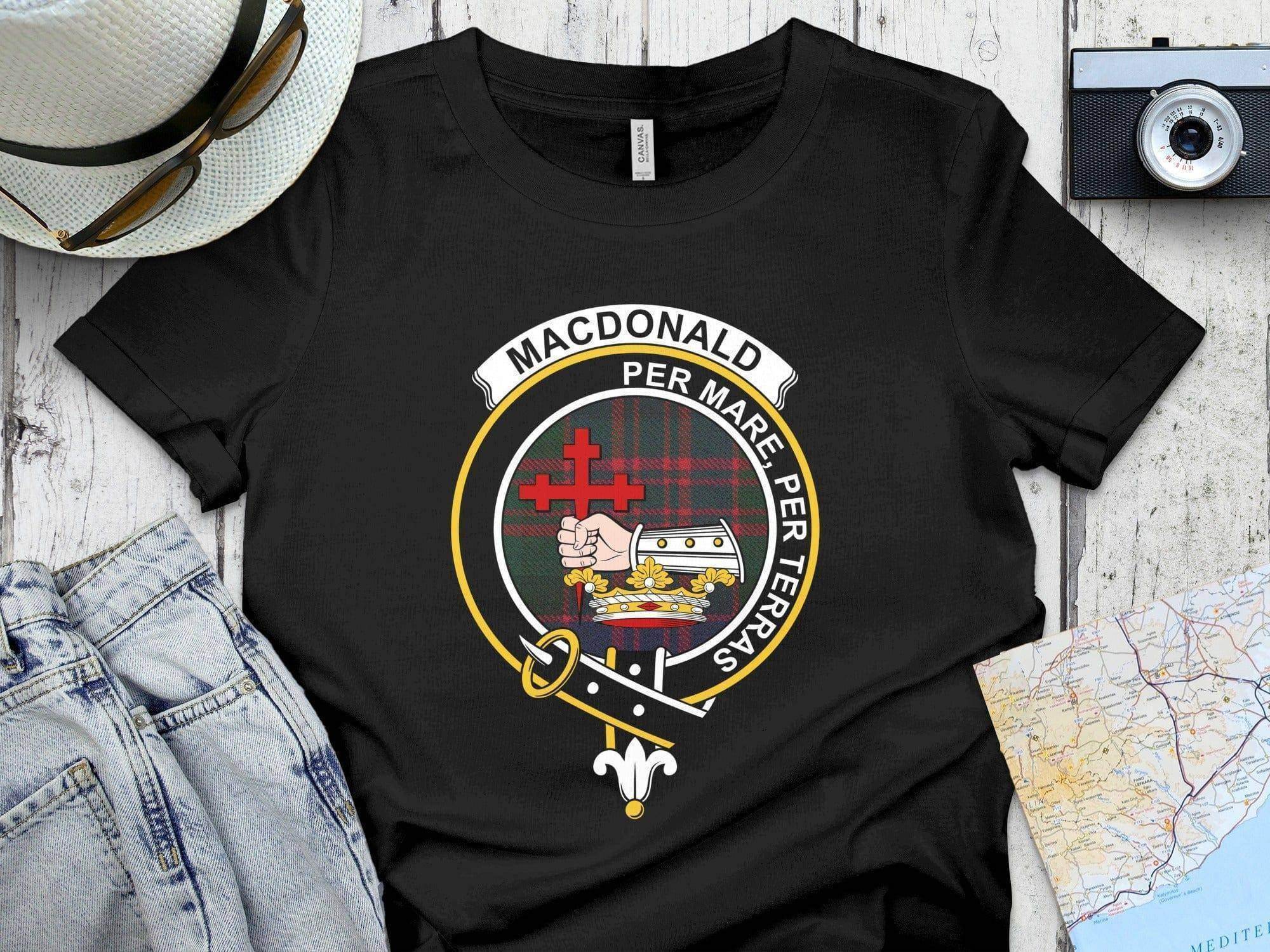 MacDonald clan crest tartan t-shirt — Per Mare Per Terras heraldic design on 100% cotton