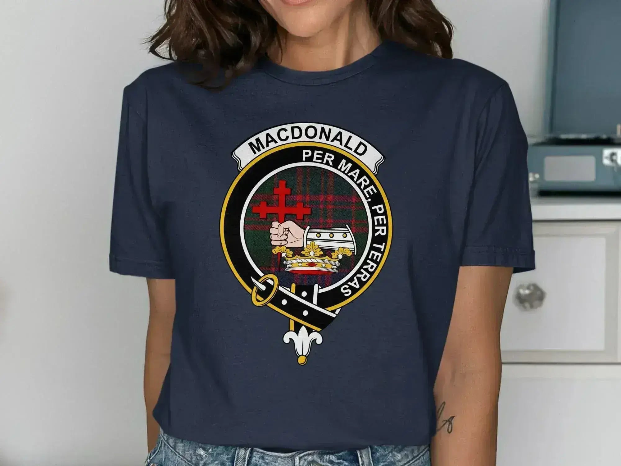 MacDonald Per Mare Per Terras clan crest t-shirt — By Sea By Land heraldic design on cotton