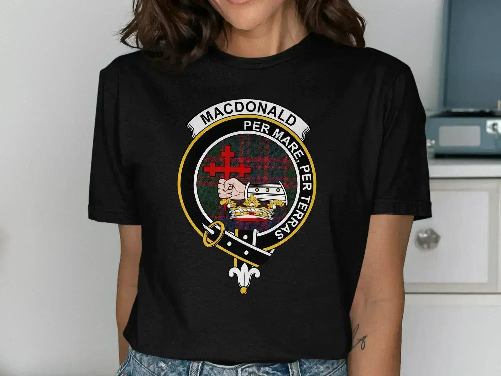 MacDonald Per Mare Per Terras graphic tee — clan crest heraldic design on 100% cotton