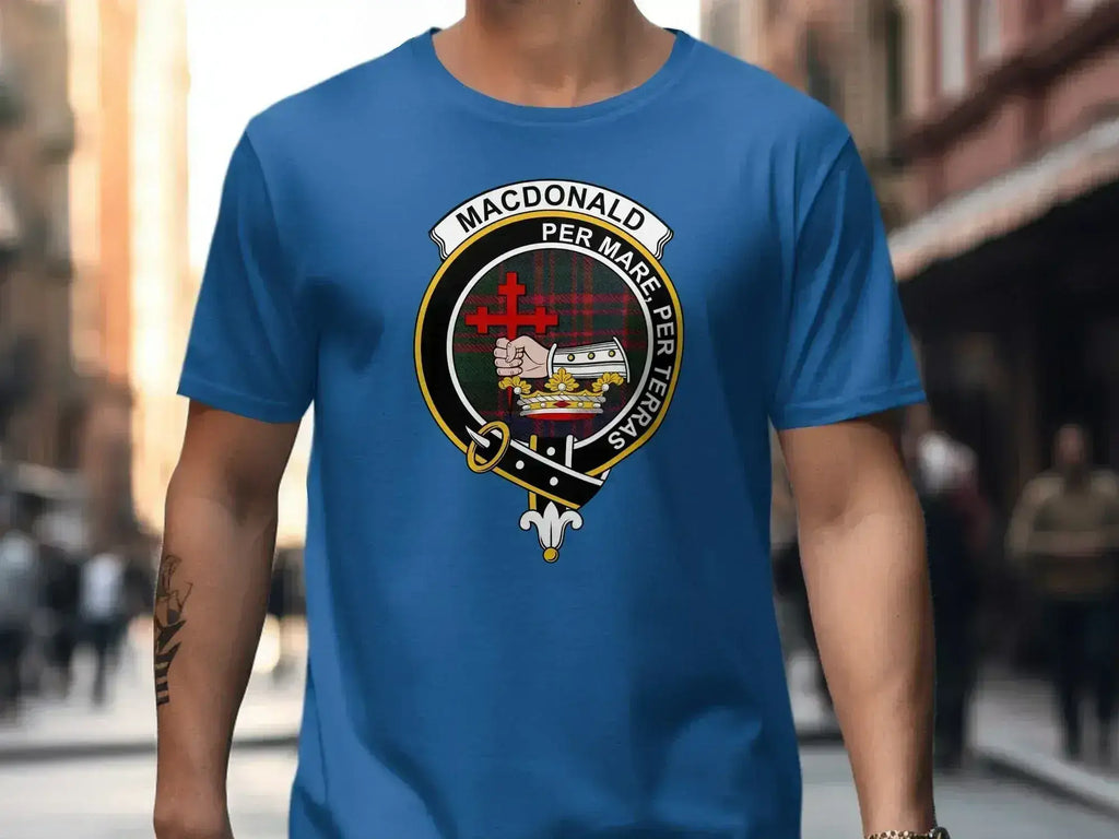 MacDonald Per Mare Per Terras crest graphic t-shirt — clan design on softstyle cotton