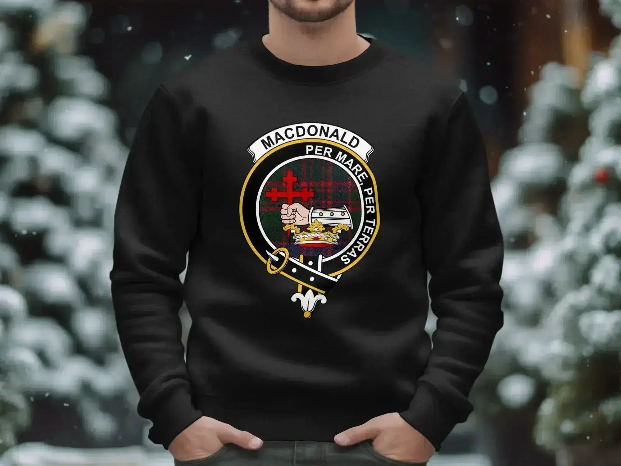 MacDonald clan crest stylish emblem sweatshirt — Per Mare Per Terras design on fleece