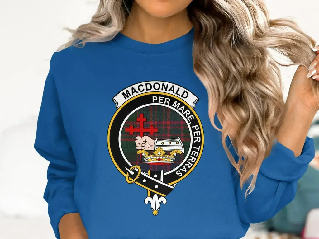 MacDonald Per Mare Per Terras crest sweatshirt — clan design on fleece fabric