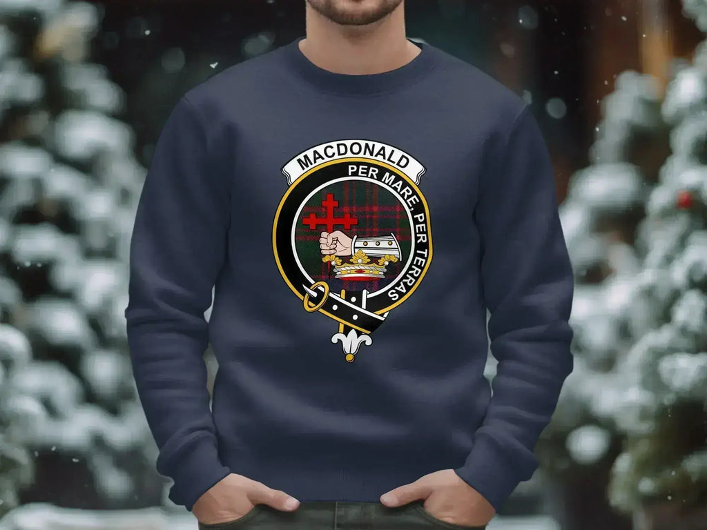 MacDonald clan emblem distinct design sweatshirt — full heraldic on fleece, laid flat