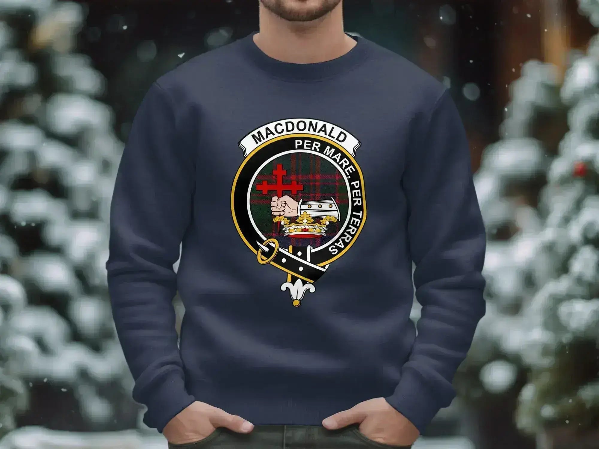 MacDonald clan emblem distinct design sweatshirt — full heraldic on fleece, laid flat