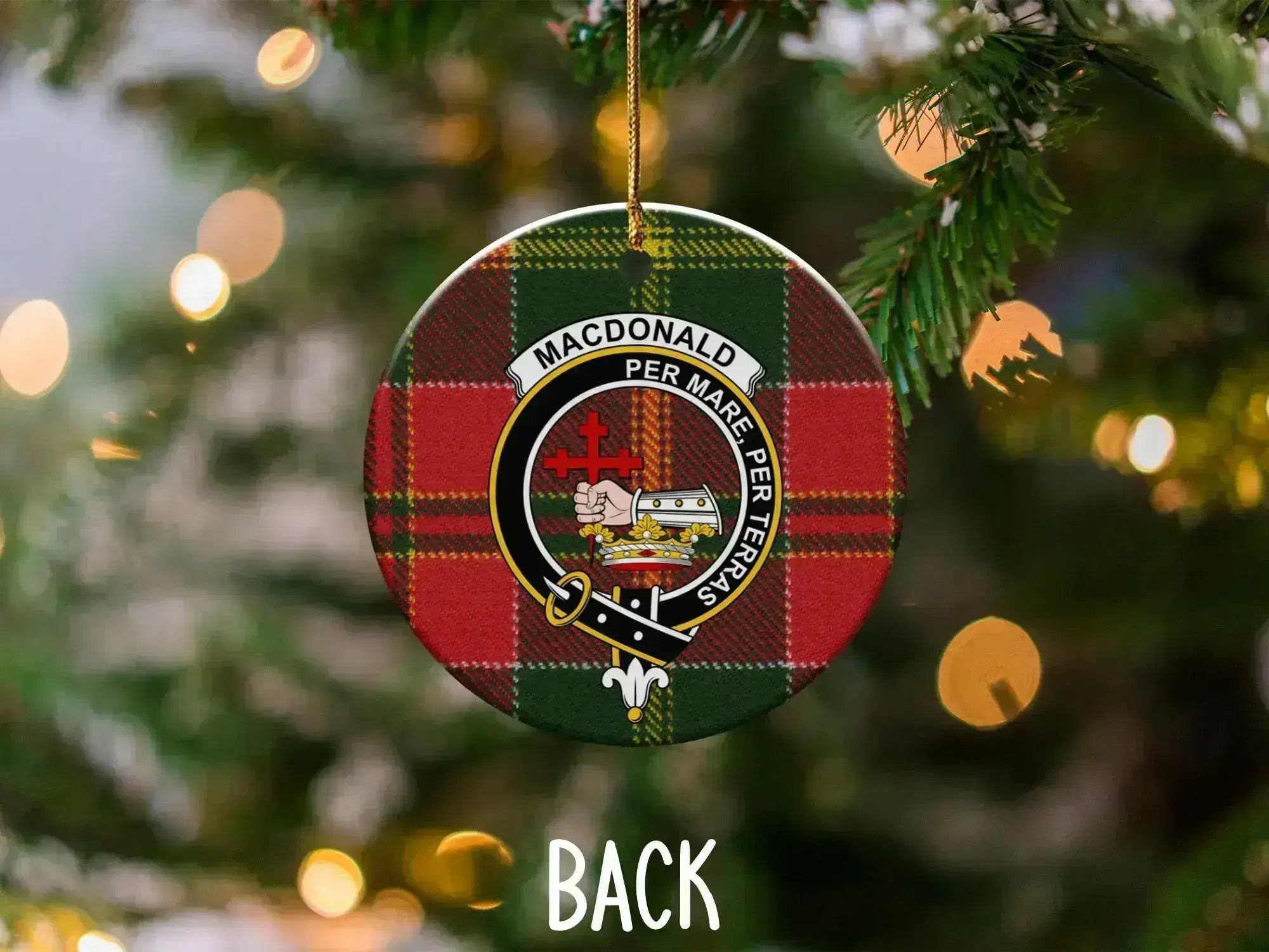 MacDonald Per Mare Per Terras badge ornament back — 3-inch ceramic disc, gold hanging string