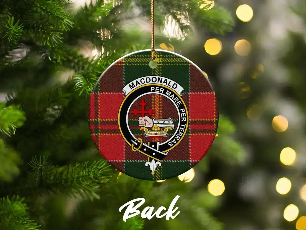 MacDonald clan crest tartan holiday ornament — double-sided glazed ceramic, 3-inch disc