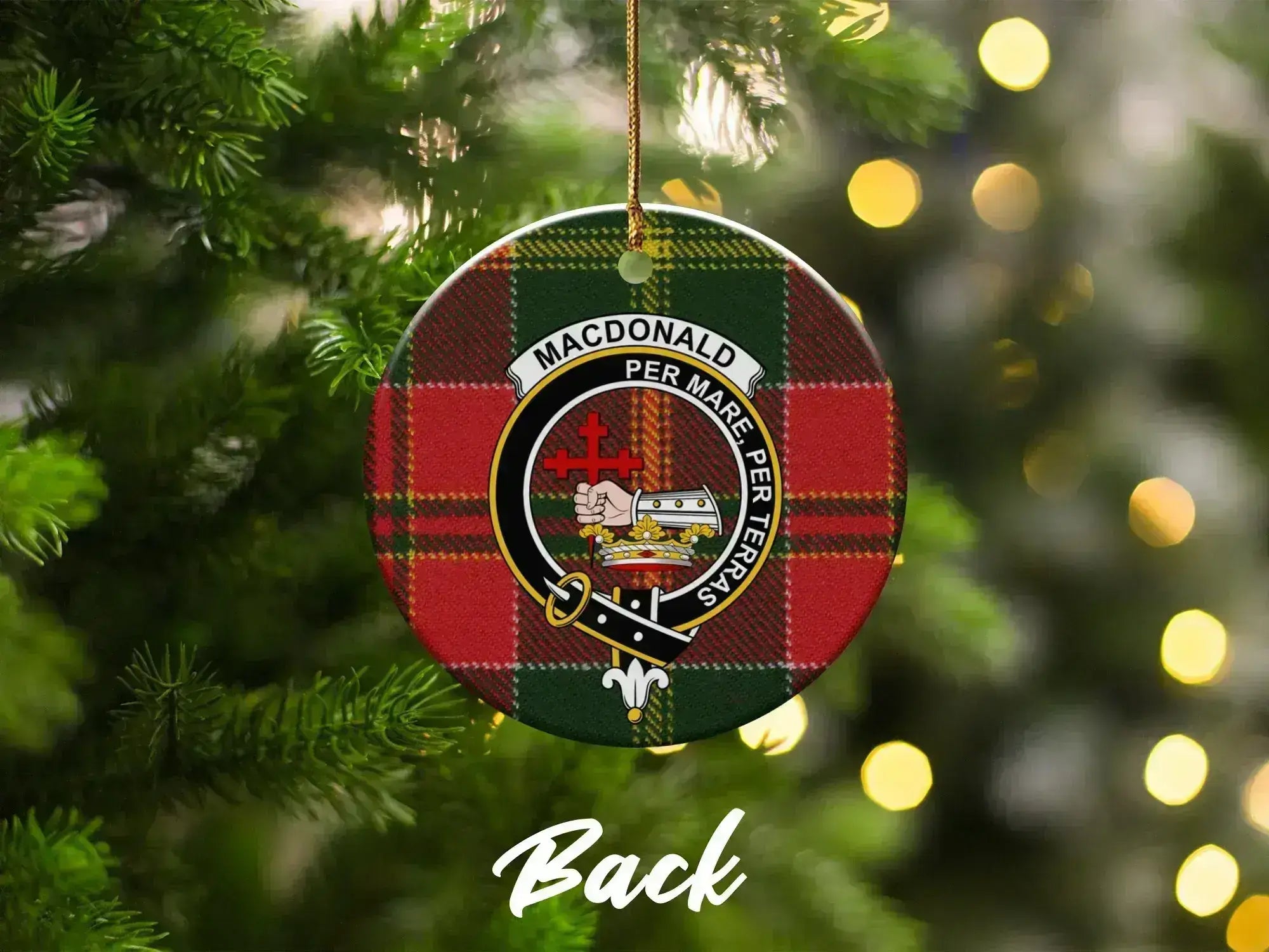 MacDonald clan crest tartan holiday ornament — double-sided glazed ceramic, 3-inch disc