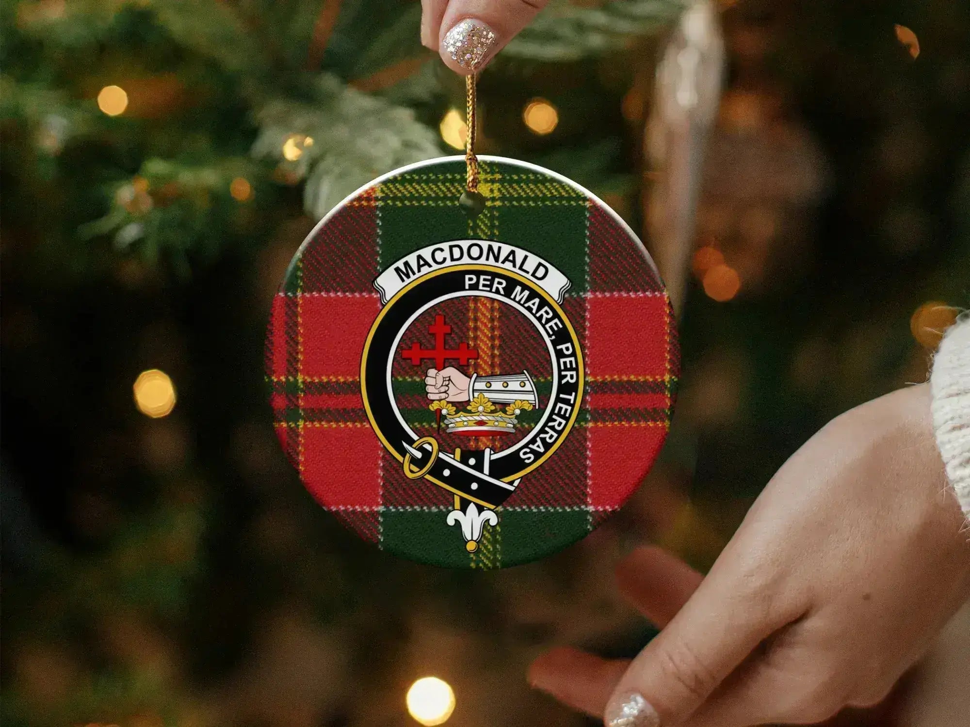 MacDonald Per Mare Per Terras plaid ornament — glossy finish, double-sided 3-inch ceramic disc