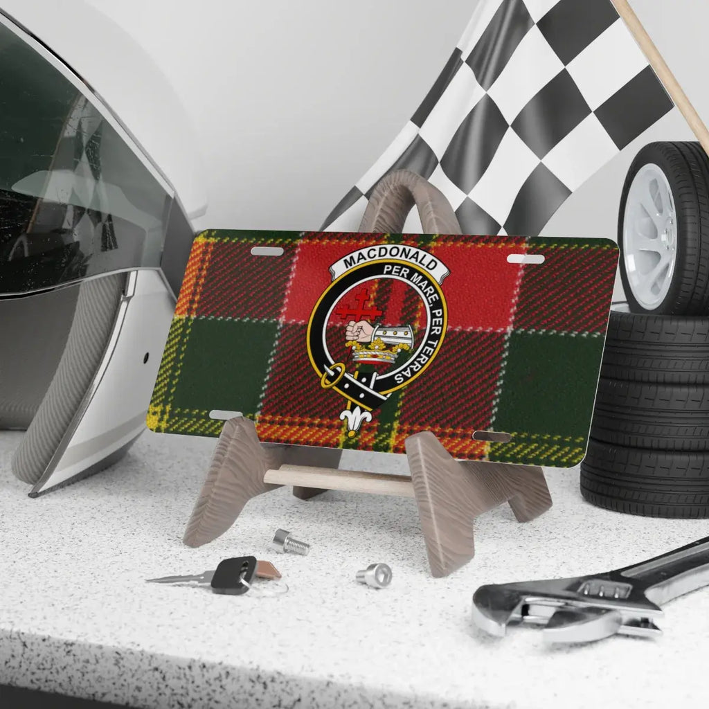 MacDonald Per Mare Per Terras clan crest novelty license plate — 12x6 aluminium with heraldic design