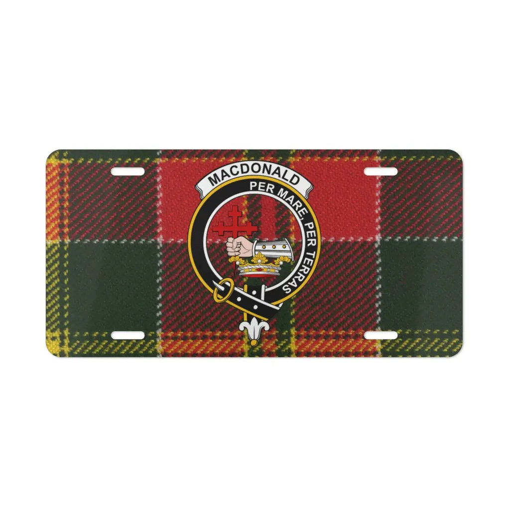 MacDonald clan tartan plaid design license plate — By Sea By Land heraldic design on aluminium